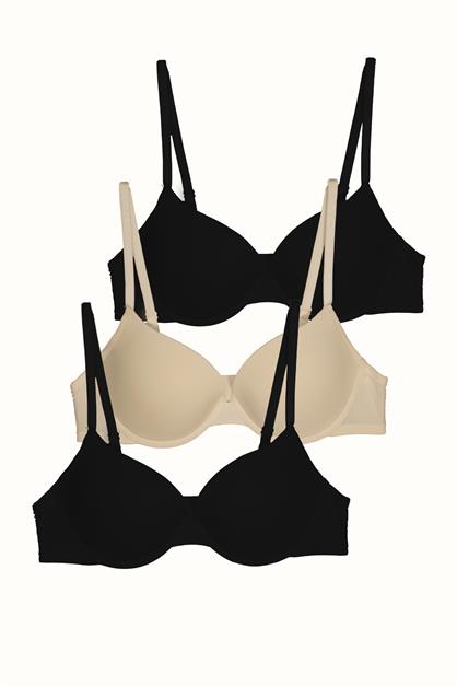 3lü Paket Push Up Yumuşak Kaplı Örme Sütyen C38015 Siyah/Ten