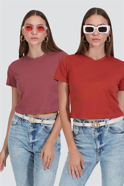 2-Pack Crew Neck Short Sleeve Crop Tops 956