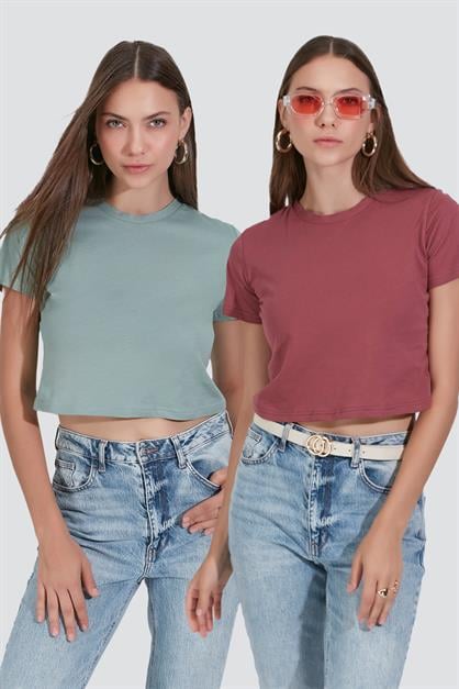2-Pack Crew Neck Short Sleeve Crop Tops 956