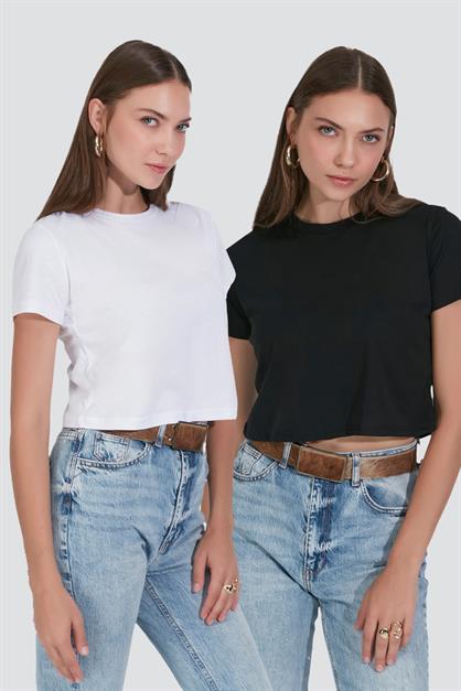 2-Pack Crew Neck Short Sleeve Crop Tops 956