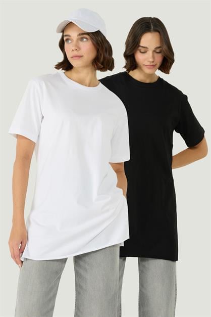Bisiklet Yaka Yarım Kol Yırtmaçlı 2li Uzun T-Shirt 963 Siyah/Beyaz