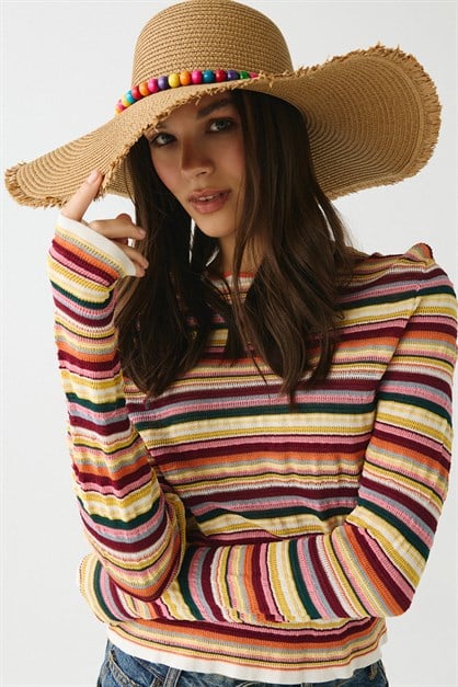 Boncuk Taş Detaylı Geniş Hasır Şapka Y8222 Camel