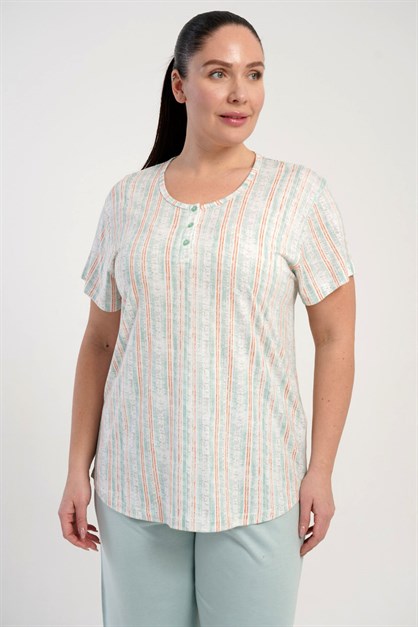Büyük Beden Bisiklet Yaka Yarım Düğmeli Pijama Takımı Açık Yeşil-512249