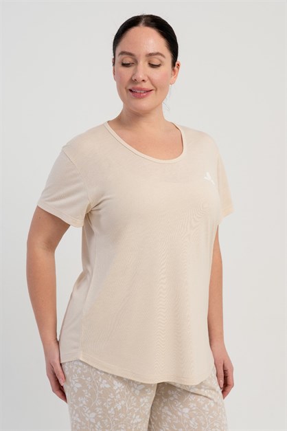 Büyük Beden Yuvarlak Yaka Kısa Kollu Pijama Takımı Bej-512250