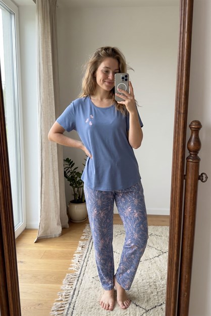 Büyük Beden Yuvarlak Yaka Kısa Kollu Pijama Takımı Mor-512248