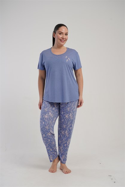Büyük Beden Yuvarlak Yaka Kısa Kollu Pijama Takımı Mor-512248