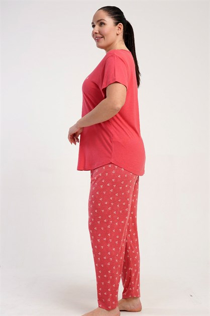 Büyük Beden Yuvarlak Yaka Kısa Kollu Pijama Takımı Gül Kurusu-512253