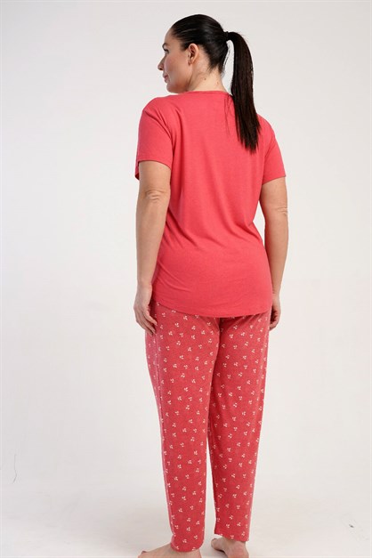 Büyük Beden Yuvarlak Yaka Kısa Kollu Pijama Takımı Gül Kurusu-512253