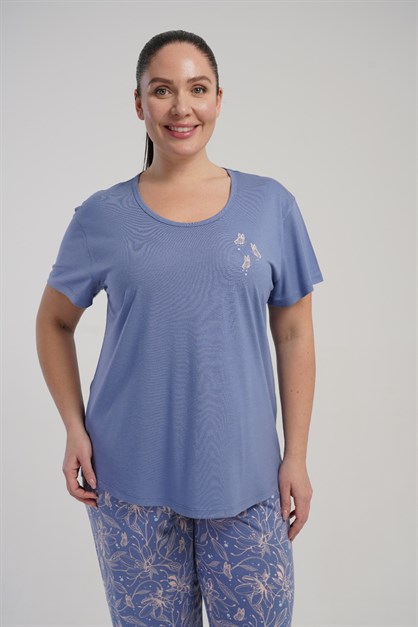 Büyük Beden Yuvarlak Yaka Kısa Kollu Pijama Takımı Mor-512248