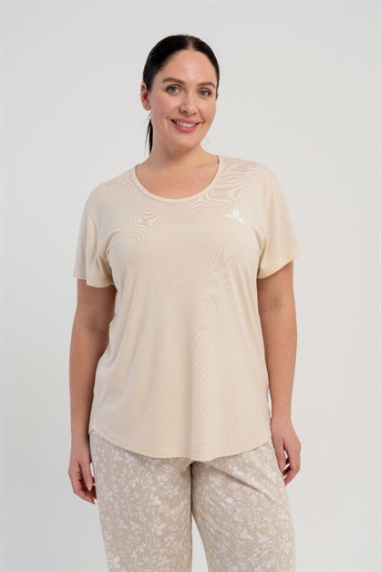 Büyük Beden Yuvarlak Yaka Kısa Kollu Pijama Takımı Bej-512250