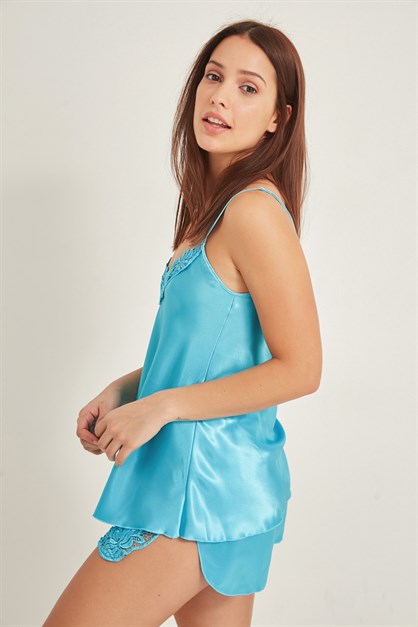 025 Kadın Saten Şortlu Gecelik Turkuaz