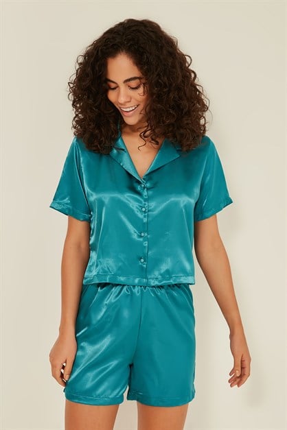 C&City 044 Women Satin Crop Pyjama Set