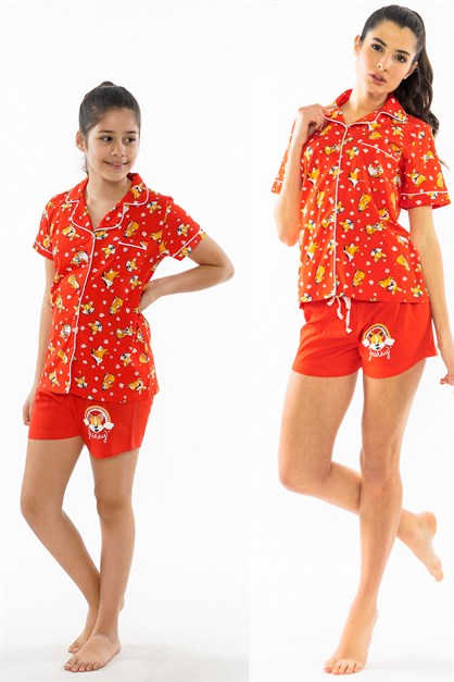 C&City Anne-Kız Kısa Kol Tilki Baskılı Önde Düğmeli Pijama Takım 010029-010030 Kırmızı