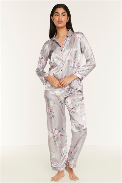 C&City Desenli 7li Saten Pijama Takım 9550 Gri