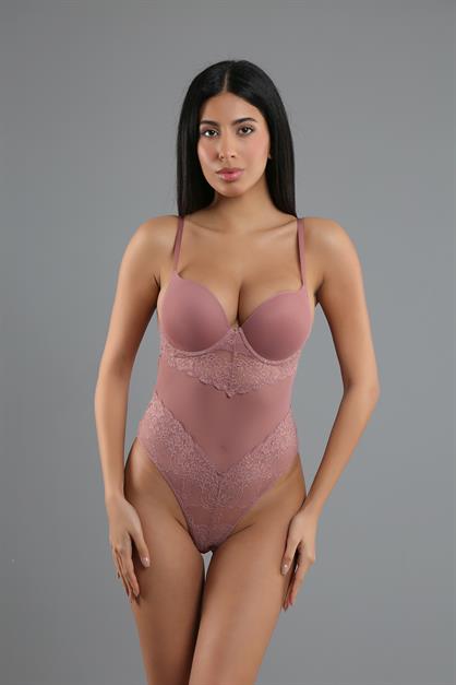 C&City Destekli Dantelli Çıtçıtlı Body C15081 Vizon