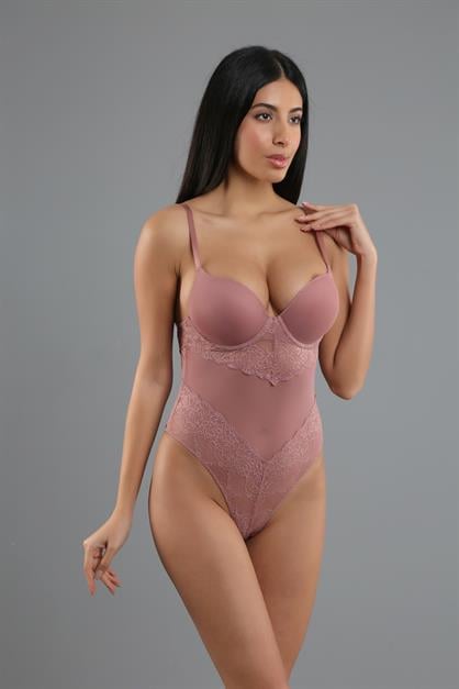 C&City Destekli Dantelli Çıtçıtlı Body C15081 Vizon