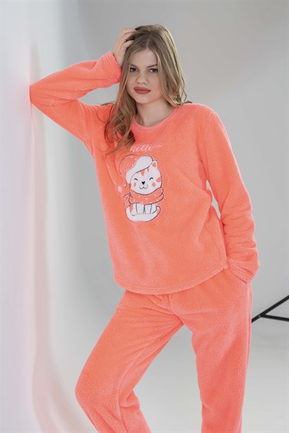 C&City Kedi Nakışlı Welsoft Pijama Pijama Takım 2030190000 Mercan