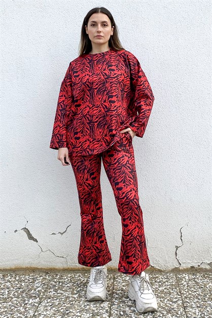 C&City Sıfır Yaka Uzun Kol Sweatshirt 841 Kırmızı/Siyah