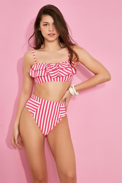 Straplez Yükesk Bel Bikini Takım 3103 Kırmızı/Beyaz