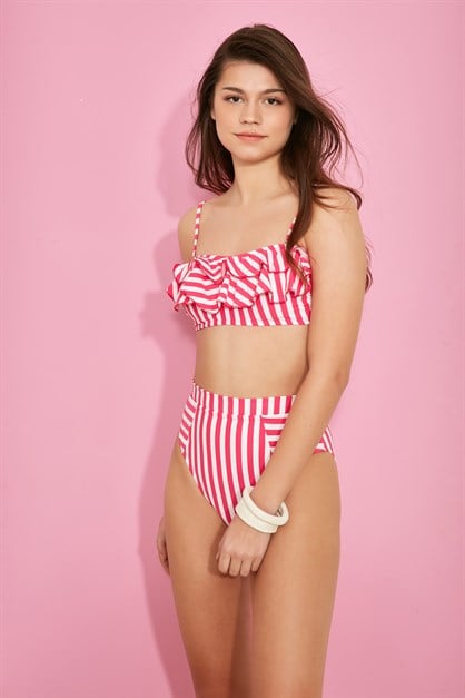 Straplez Yükesk Bel Bikini Takım 3103 Kırmızı/Beyaz