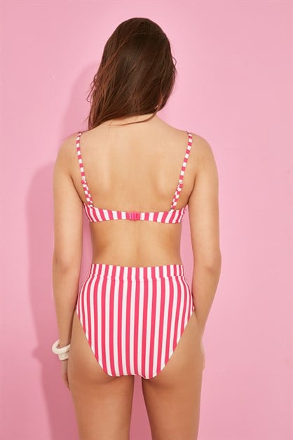 Straplez Yükesk Bel Bikini Takım 3103 Kırmızı/Beyaz