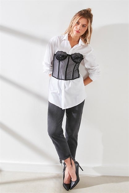 Transparan Fantezi Dantelli Straplez Bustiyer 6003 Siyah