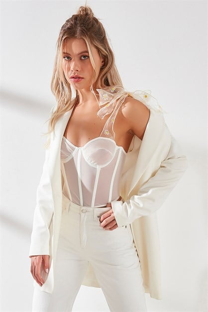 Transparan Fantezi Omuz Tül Detaylı Bustiyer 6004 Ekru