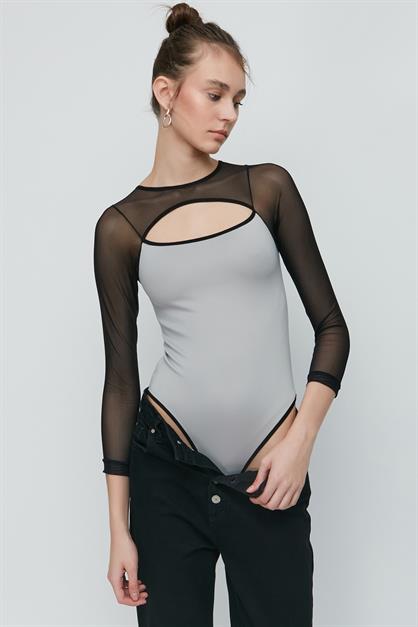 C&City Tulle Detail Long Sleeve Fantasy Bodysuit 9153