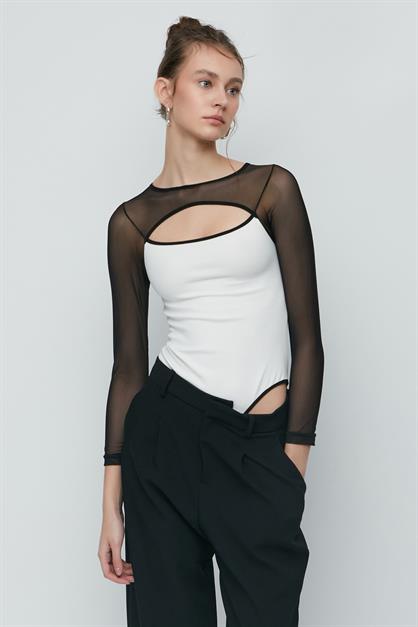 C&City Tulle Detail Long Sleeve Fantasy Bodysuit 9153