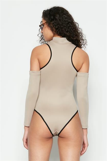 Pencere Detaylı Uzun Kollu Bodysuit 9154 Vizon