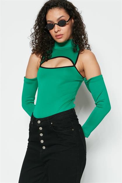 Pencere Detaylı Uzun Kollu Bodysuit 9154 Yeşil