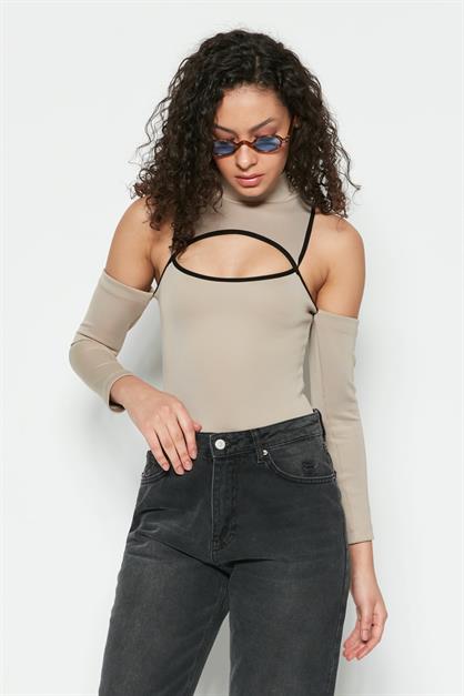 Pencere Detaylı Uzun Kollu Bodysuit 9154 Vizon