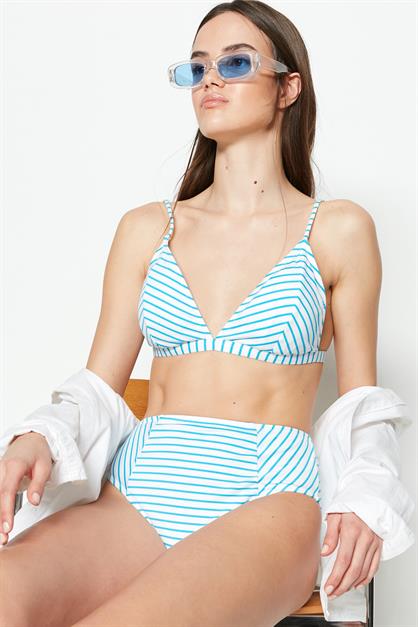 C&City Yüksek Bel Üçgen Bikini Takım 3228 Beyaz/Mavi