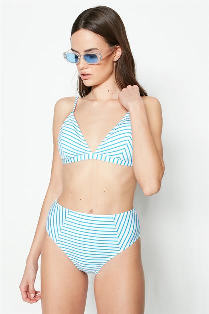 C&City Yüksek Bel Üçgen Bikini Takım 3228 Beyaz/Mavi