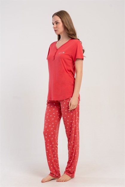 Damla Yaka Yarım Düğmeli Pijama Takımı Gül Kurusu-512214