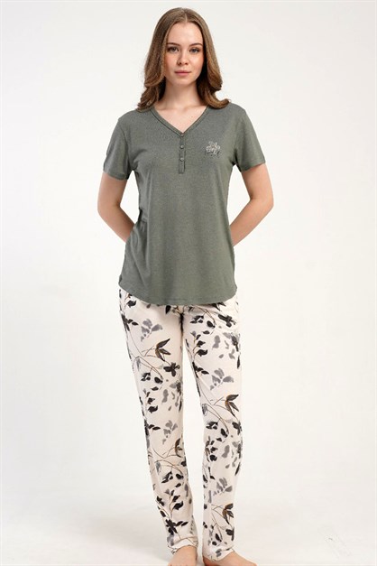 Damla Yaka Yarım Düğmeli Pijama Takımı Gri-512226