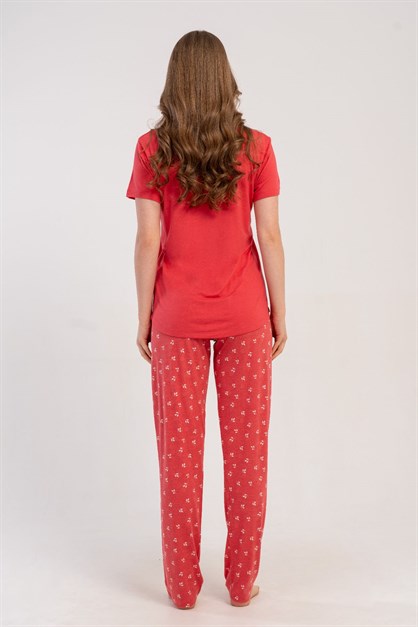 Damla Yaka Yarım Düğmeli Pijama Takımı Gül Kurusu-512214