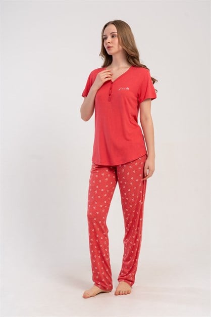 Damla Yaka Yarım Düğmeli Pijama Takımı Gül Kurusu-512214