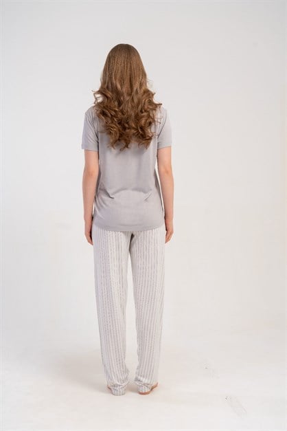 Damla Yaka Yarım Düğmeli Pijama Takımı Gri-512222