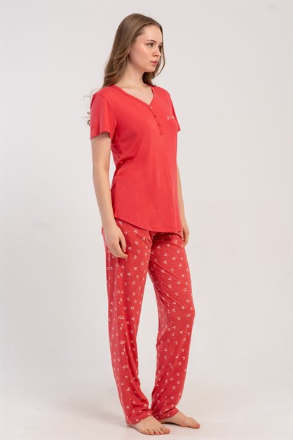 Damla Yaka Yarım Düğmeli Pijama Takımı Gül Kurusu-512214