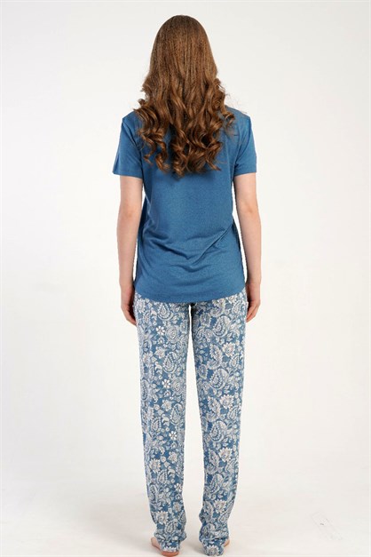 Damla Yaka Yarım Düğmeli Pijama Takımı Mavi-512276