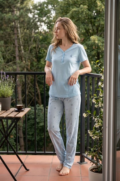 Damla Yaka Yarım Düğmeli Pijama Takımı Açık Mavi-512230