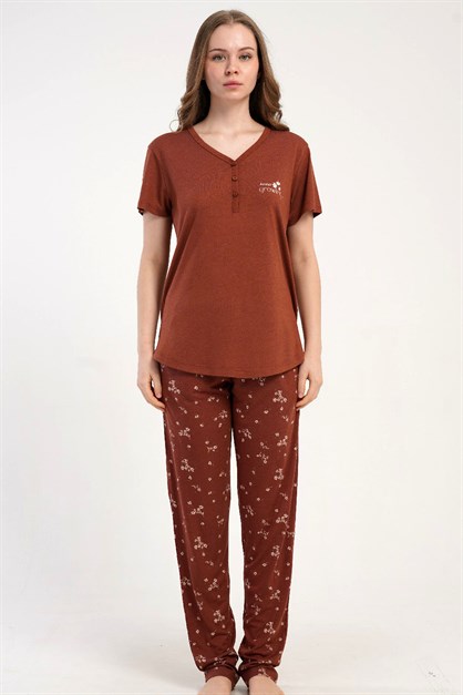 Damla Yaka Yarım Düğmeli Pijama Takımı Kiremit-512242