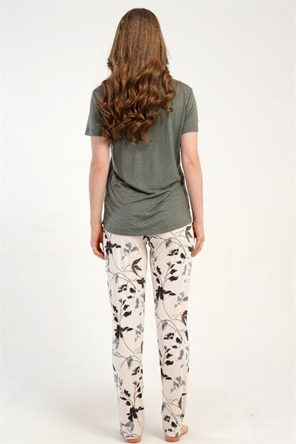 Damla Yaka Yarım Düğmeli Pijama Takımı Gri-512226