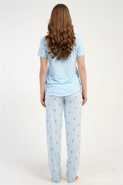 Damla Yaka Yarım Düğmeli Pijama Takımı Açık Mavi-512230