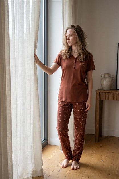 Damla Yaka Yarım Düğmeli Pijama Takımı Kiremit-512242