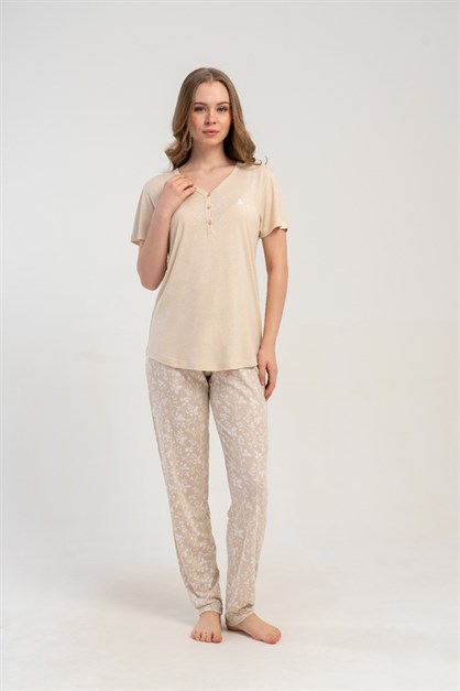 Damla Yaka Yarım Düğmeli Pijama Takımı Bej-512182