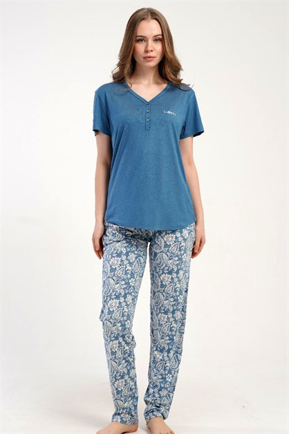 Damla Yaka Yarım Düğmeli Pijama Takımı Mavi-512276