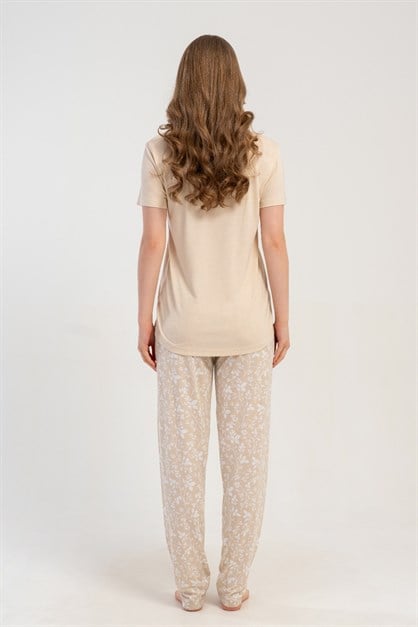 Damla Yaka Yarım Düğmeli Pijama Takımı Bej-512182