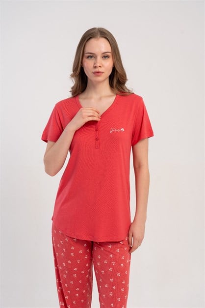 Damla Yaka Yarım Düğmeli Pijama Takımı Gül Kurusu-512214